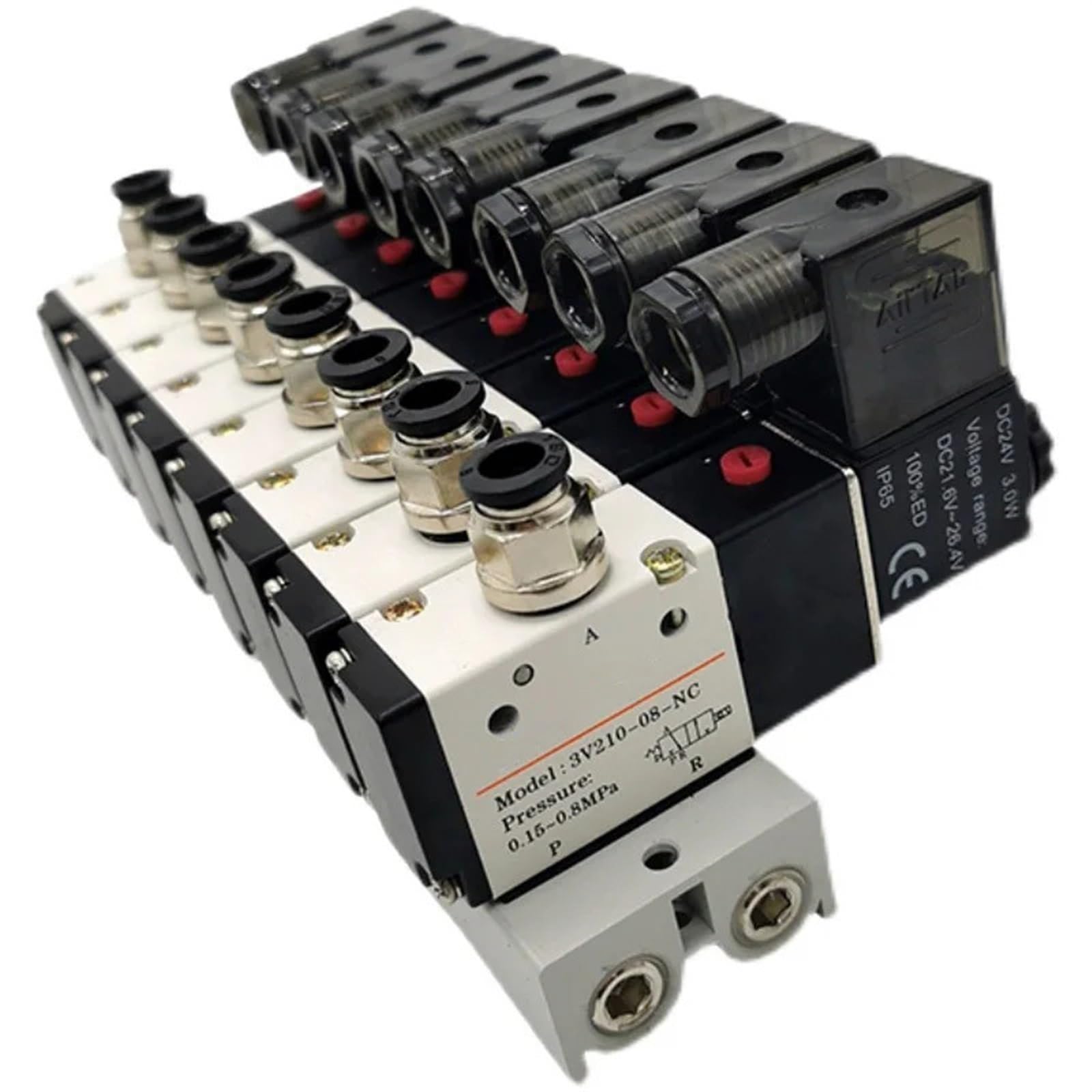 Bloque de electroválvula neumática 3V210-08 con silenciador, base de montaje, colector, 2/3/4/5/6, 3 puertos, 1 unidad(2 Row 8mm fitting,DC24V)