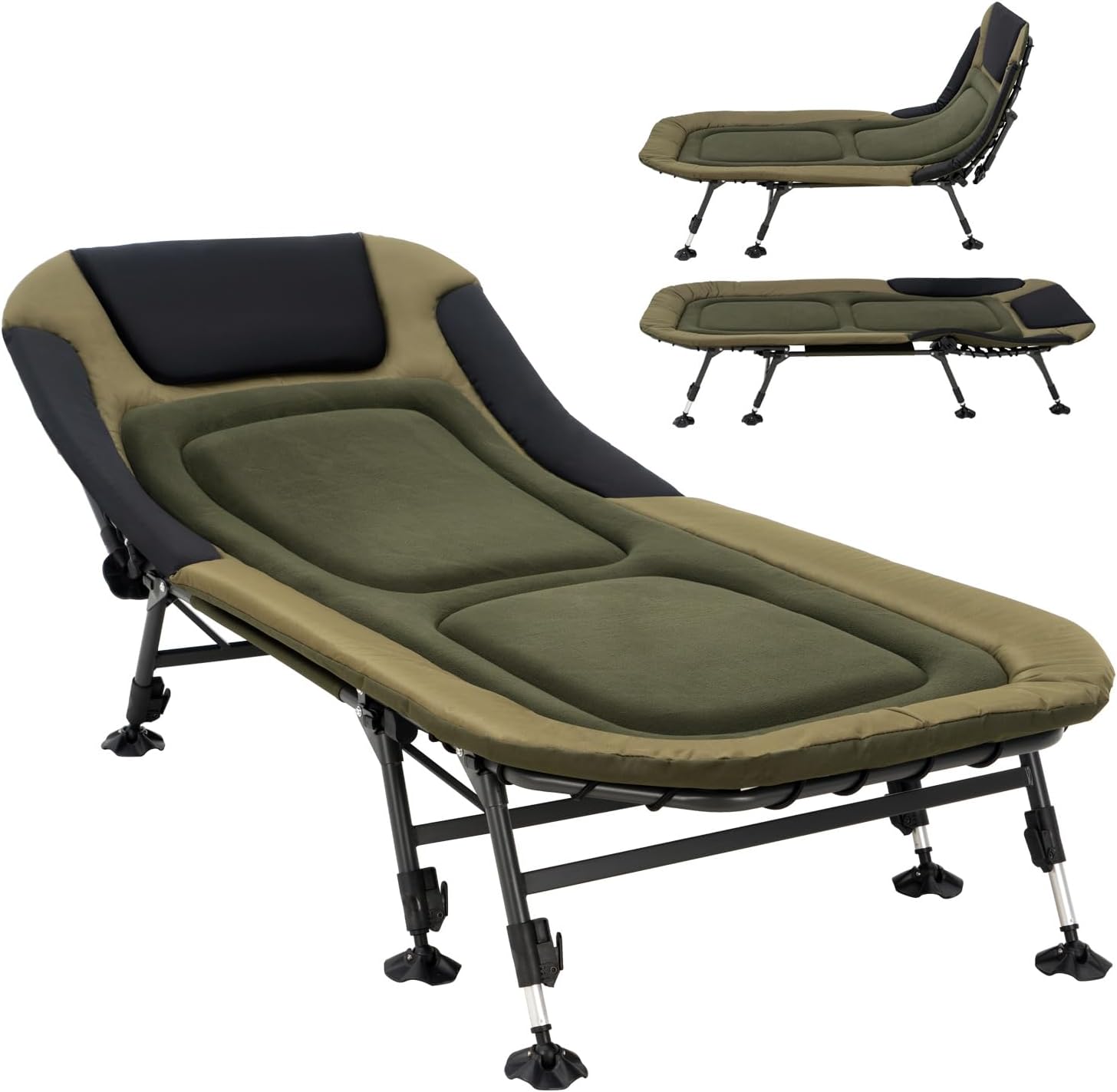 XL Folding Camping Cot with Mattress for Adults, Oversized Camping Bed with Carry Bag, 180° Adjustable Recliner, Portable Outdoor Lounger for Camping, Hiking, Outdoor, Green