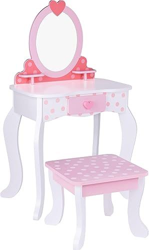 TOOKYLAND Juego de tocador de madera para niños, tocador de maquillaje con espejo y silla, juguete de simulación para niños pequeños de 3 años +