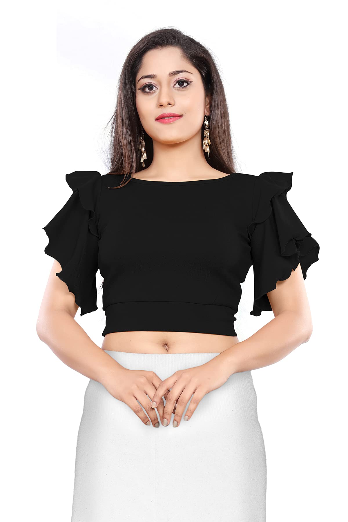 Women’s Polyester Crop Top with Round Neck Half Ruffle Sleeves Solid Pattern Regular Fit and Crop Length | Womens Crop Tops | Summer Fashion Top Stylish Look-image-42