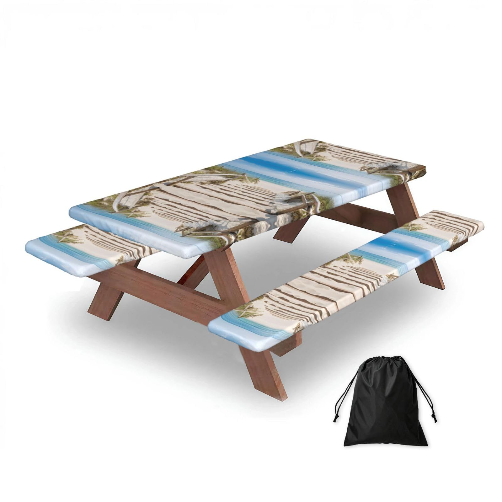ESNAIUVCD Beach Scenery Print Picnic Table Cover With Bench Covers,Camping Essentials,Fitted Tablecloth Cover With Elastic Edge, For Indoor & Outdoor 3 Pcs