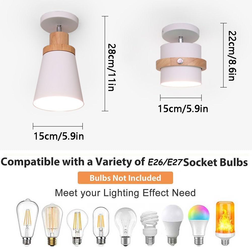 Półwpuszczana lampa sufitowa w stylu retro E26, zielona, do wnętrz Obrotowa i modna lampa sufitowa do przedpokoju, nordycka okrągła oprawa oświetleniowa z drewnianą dekoracją do salonu