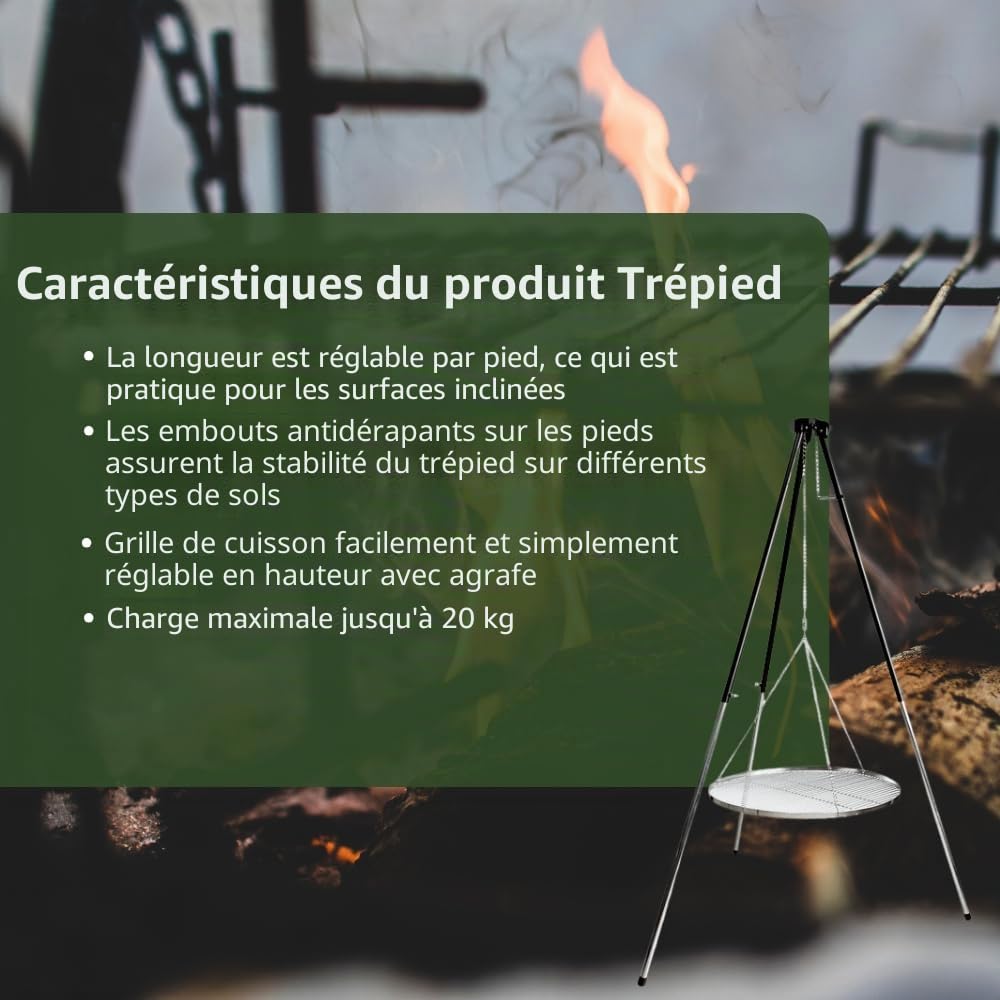 HeRo24 Trépied pour barbecue suspendu - Barbecue pivotant sans grille de cuisson T-180