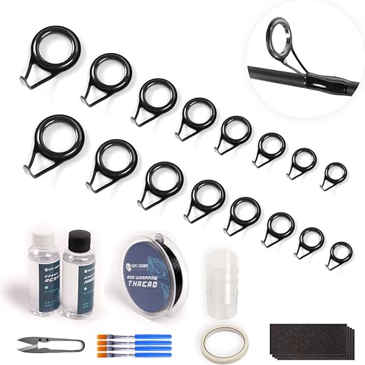 OJY&DOIIIY Fishing Rod Repair Kit , All-in-One Supplies for Fishing Pole Eyelets Replacement with Rod Guides,Epoxy Glue,Wrapping Thread and Tape