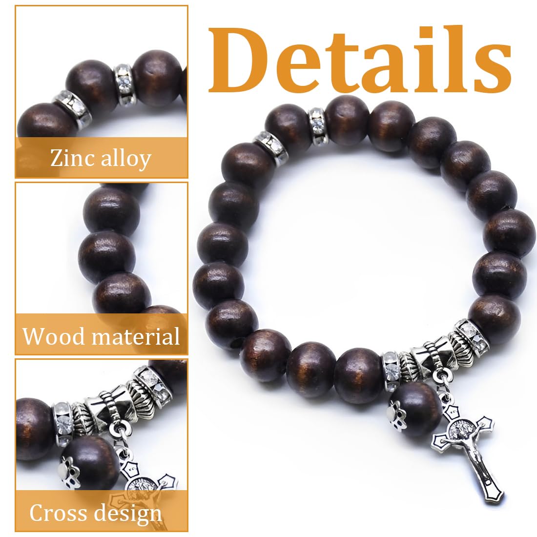 Perle in Legno per Rosario Cattolico con Croce in Bronzo Placcatura Bracciale Uomo Donna Marrone scuro