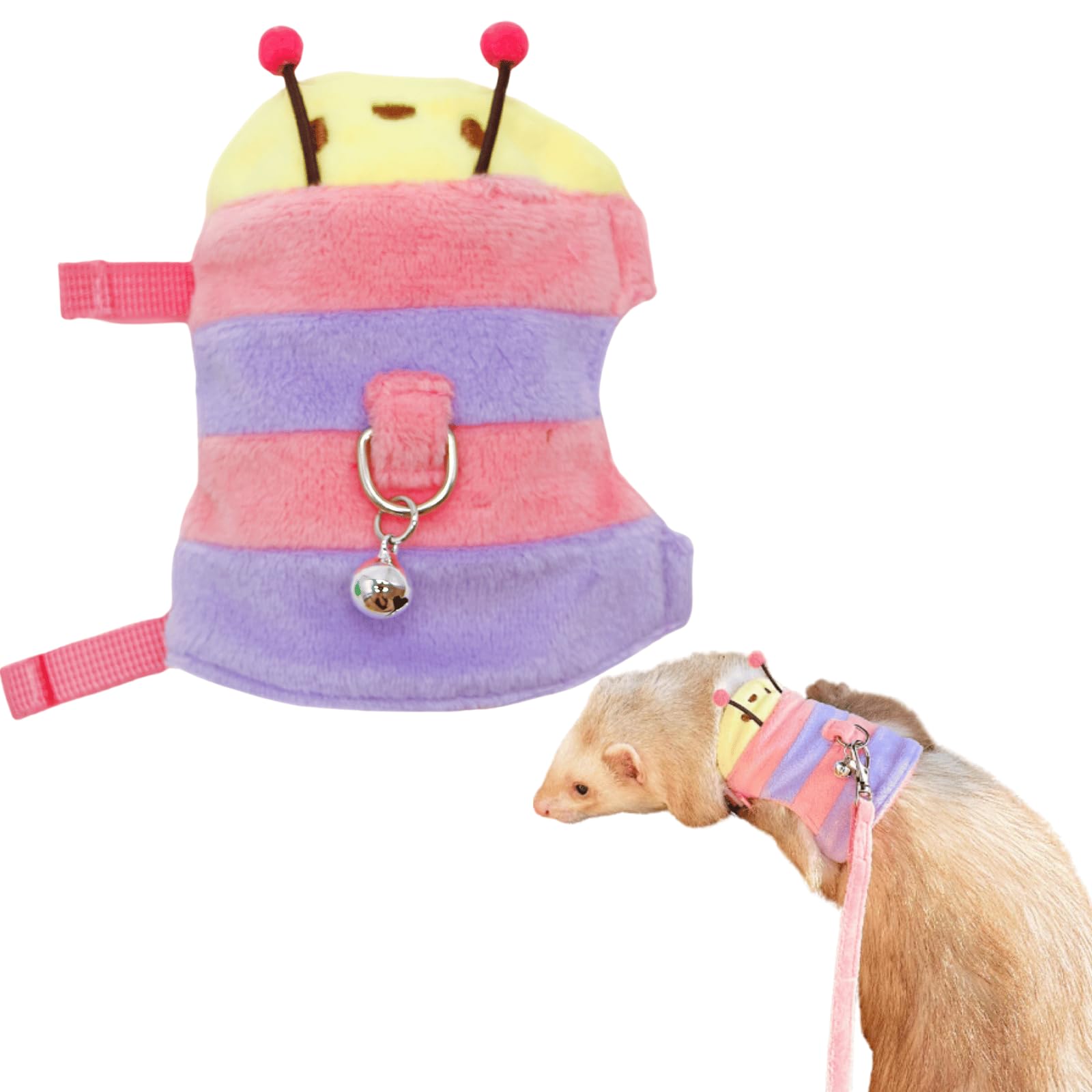 Ferret Harness and Leash Set - Small Animal Soft Fleece Vest with Safe Bell Halloween Outfit Adjustable Traction Rope Outdoor Walking Training Leash
