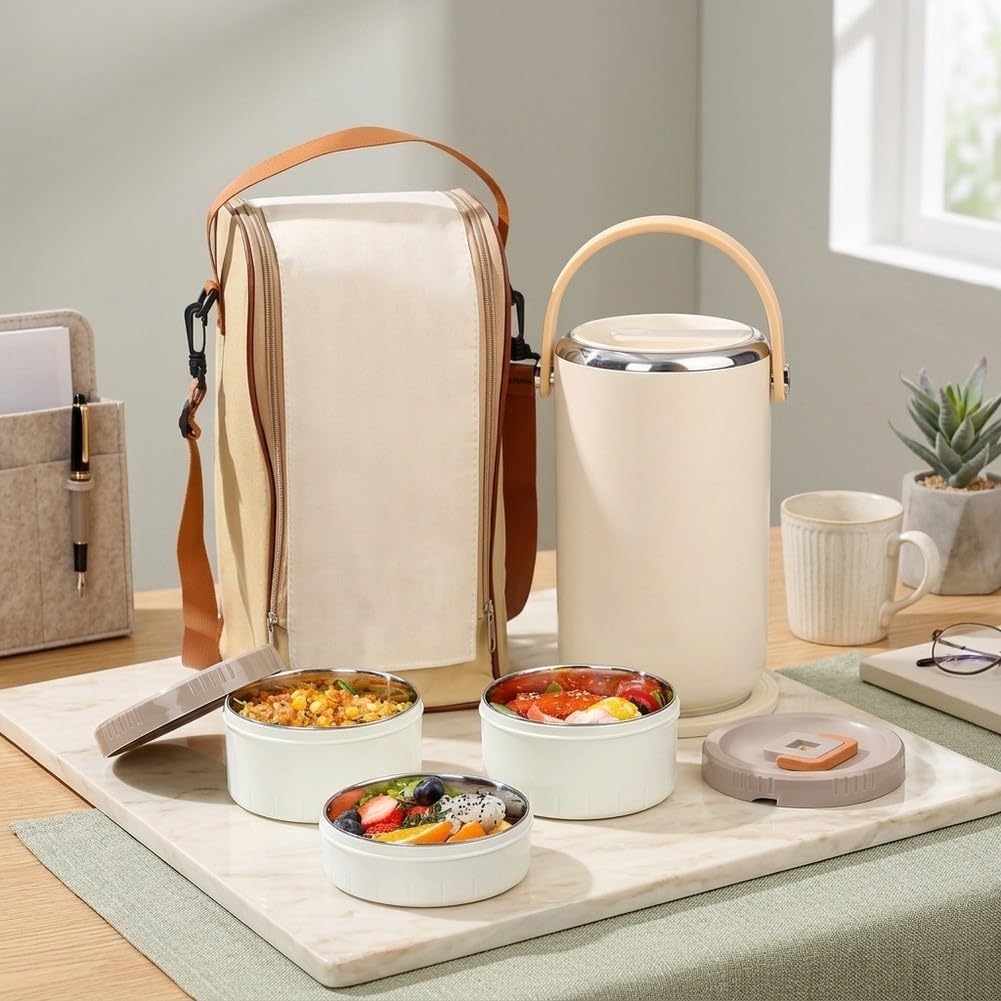 Isolierdose Edelstahl 3-Fach Lunchbox Dicht(White) | Doppelwandige Vakuumtechnik, 6-8h Temperaturhaltung, heiß oder kalt, für ideal für Mittagessen