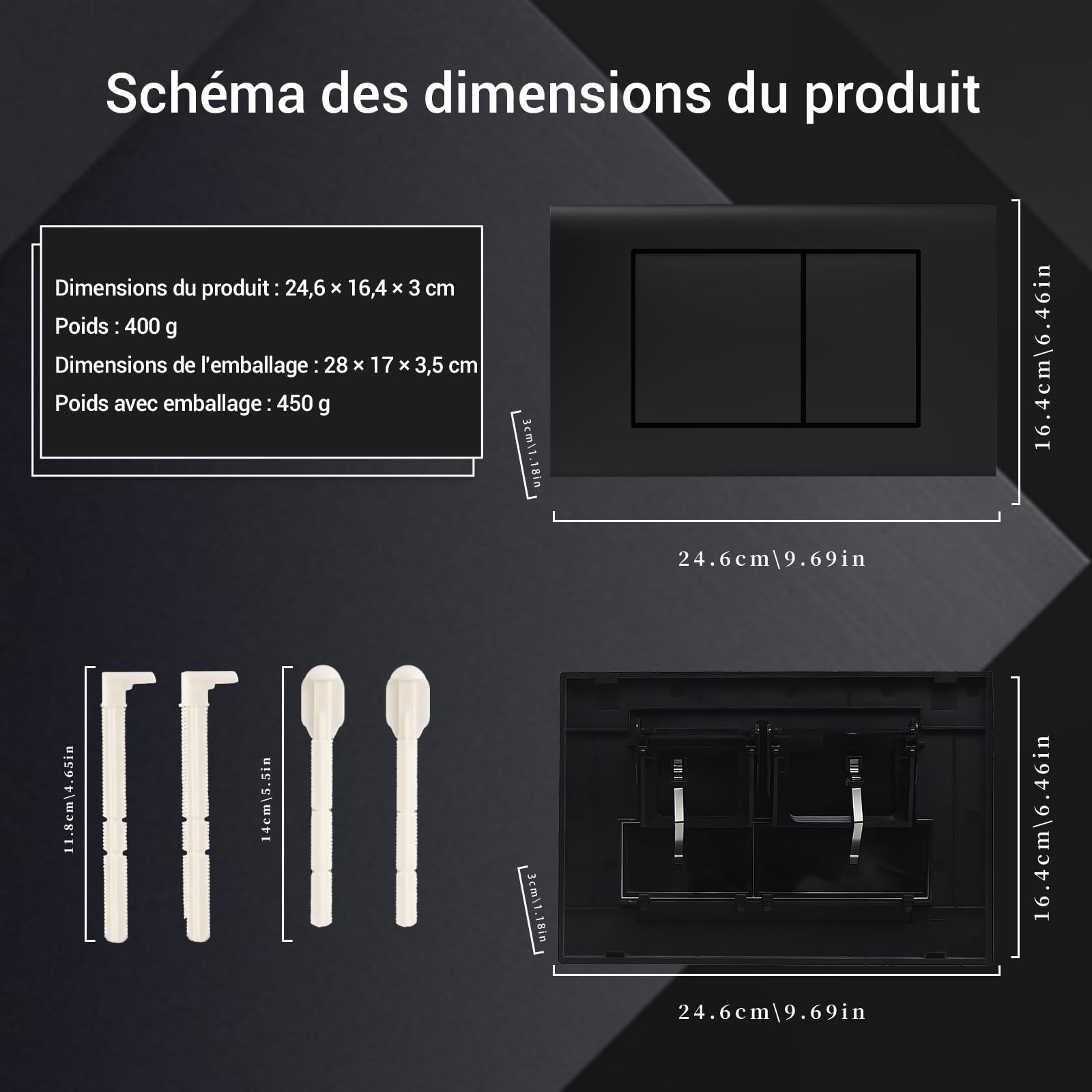 Plaque de commande WC suspendu，Compatible avec Geberit Sigma Gamme， UP300 & UP320，équipé d'une ceinture de régulation de débit et d'un panneau fixe ，Dimensions 246 × 164 mm | Mat（noir）