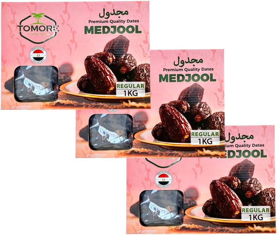 Set of 3 Tomore Egyptian Premium Regular Size Juicy Medjool Dates Class A dried fruit Sustainably Grown and Hand-Picked All Natural, No Added Sugar, Free from Additives Ramadan gift (3 x 900g)