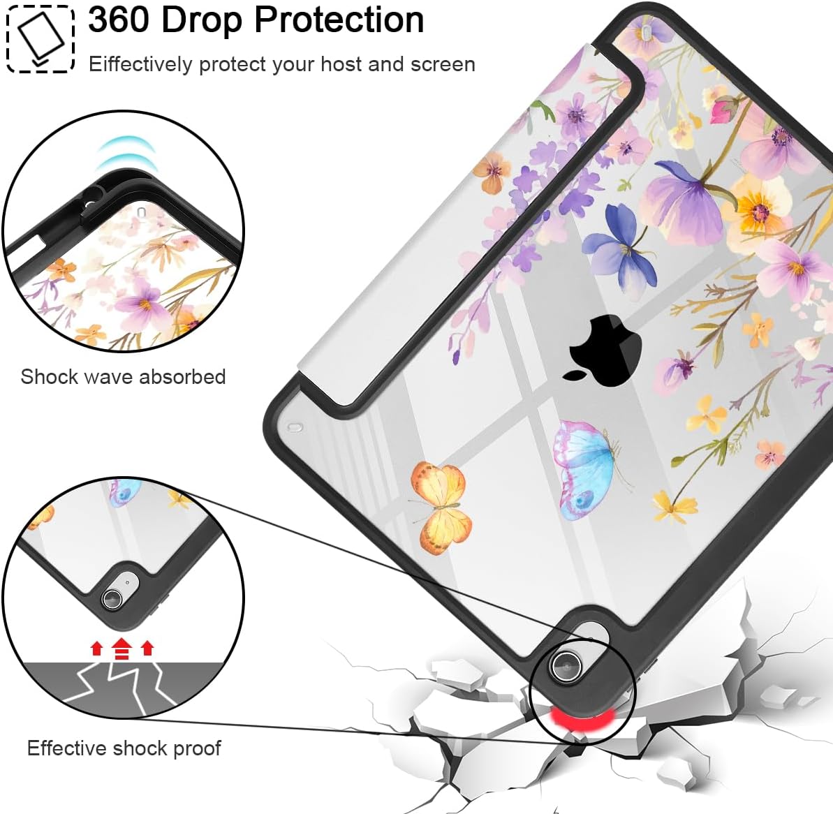 Tuiklol Case for iPad 11 inch (A16 Chip) 2025 Generation 11th / iPad 10.9 inch 2022 10th Gen, Buit in Pencil Holder with Shockproof Cover Clear Transparent Back Shell Auto Wake/Sleep, Purple Flower - Image 5