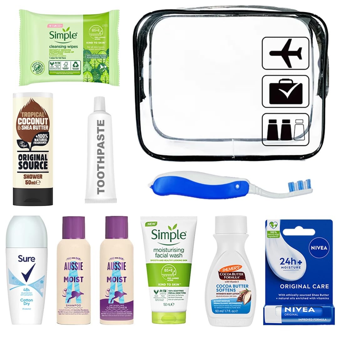 Set di articoli da toeletta da viaggio per donne, mini kit di articoli da toeletta per vacanze, ospedale, pernottamenti, approvato dalla sicurezza aeroportuale, dimensioni da viaggio con borsa di