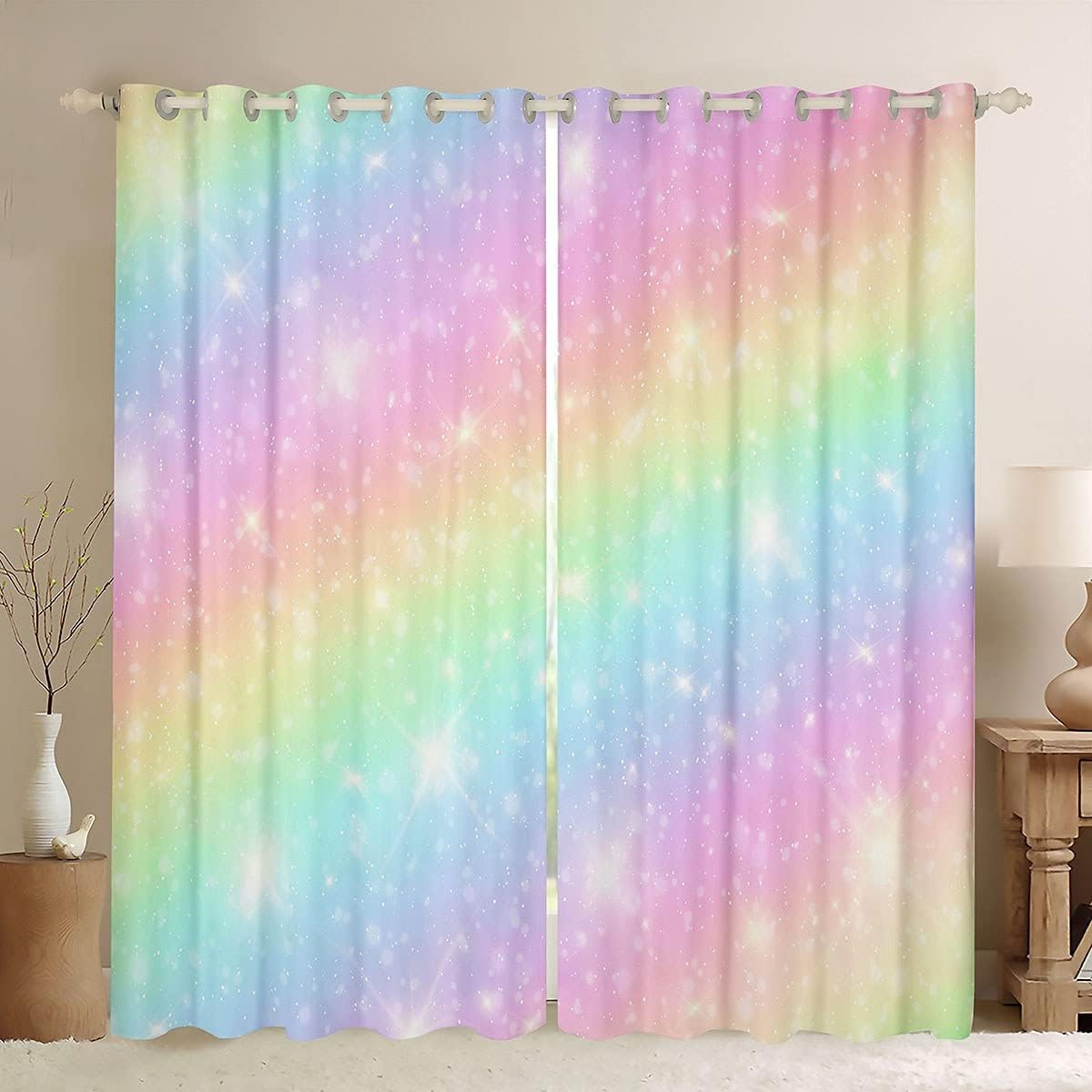 Homewish Rainbow Curtains for Kids Girls Teens Bedroom, Tie Dye Pastel Curtains & Drapes 46" Wx72 L Golden Glitter Girly Sweet Blackout Curtains Abstract Watercolor Art Black Out Curtains 30%-50% — image 1