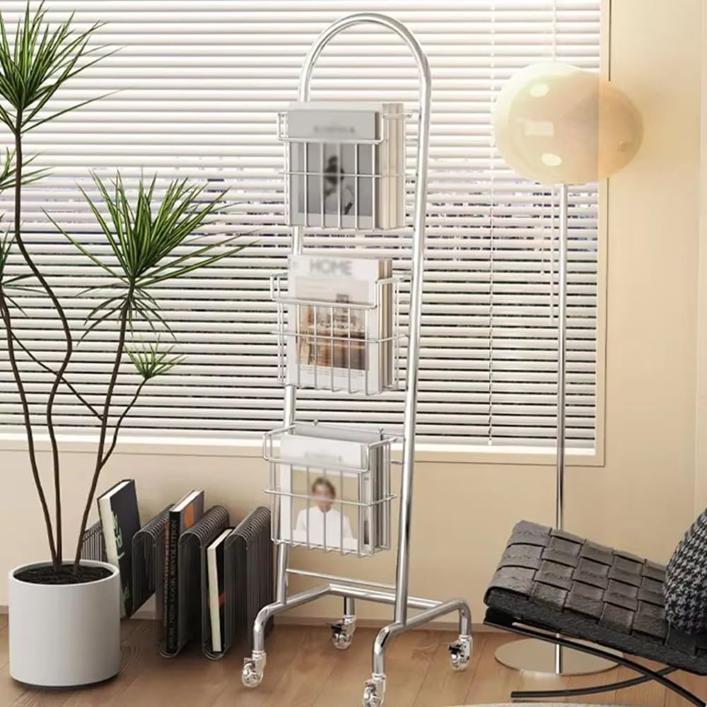Simple Revistero portátil de 3 niveles con ruedas for sala de estar, estante giratorio for libros, cesta colgante de alambre de metal Oficina