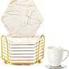 Geila Coasters for Drinks, 8pcs Coasters for Coffee Table, Marble Coasters for Drinks Absorbent with Metal Holder, Gold Cup Coasters Set Rustic Home Decor for Living Room Bar - Housewarming Gifts