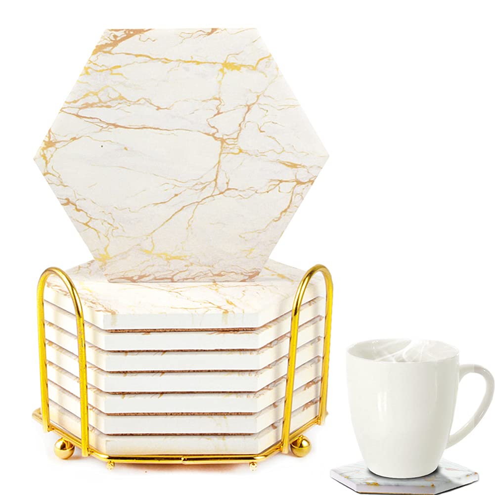Geila Marble Coasters for Drinks - 8pcs Absorbent Set with Metal Holder, Gold Cup Coasters for Coffee Table, Rustic Home Decor for Living Room Bar - Housewarming Gifts
