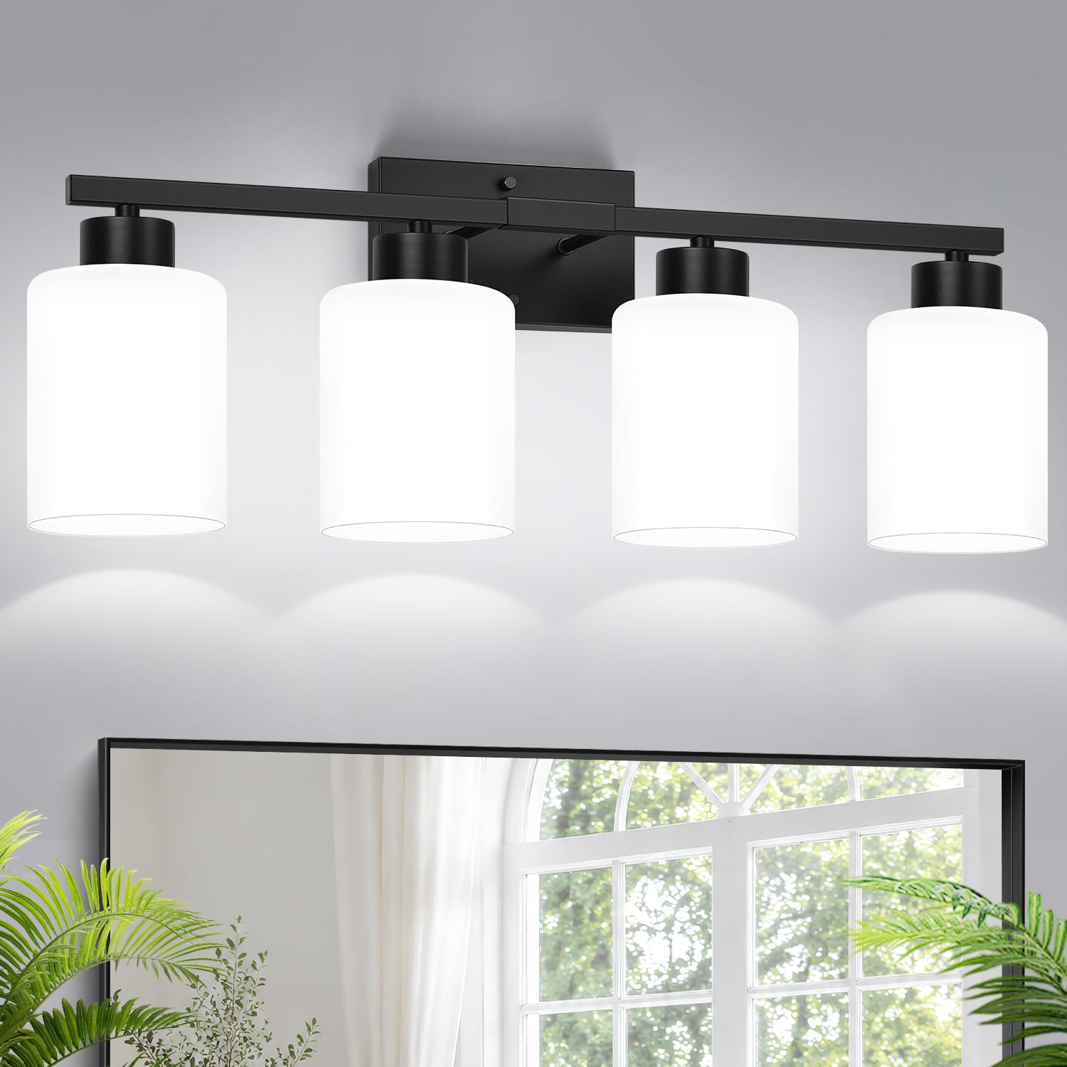 Photo 1 of Meybiok 4-Light Bathroom Vanity Light Fixture, Matte Black Finish with Frosted Glass Shades, Modern Bathroom Light Fixtures for Mirror, Living Room, or Bedroom, E26 Socket