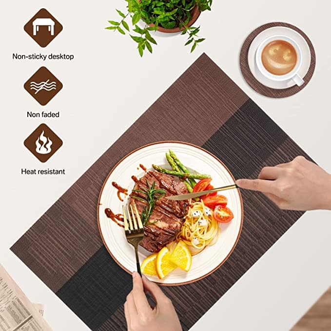 Image of Woven PVC Vinyl Dining Table Placemats | Heat Resistant, Washable, Stain Resistant, Waterproof for Home, Restaurant & Gifting | (Brown, Pack of 4)
