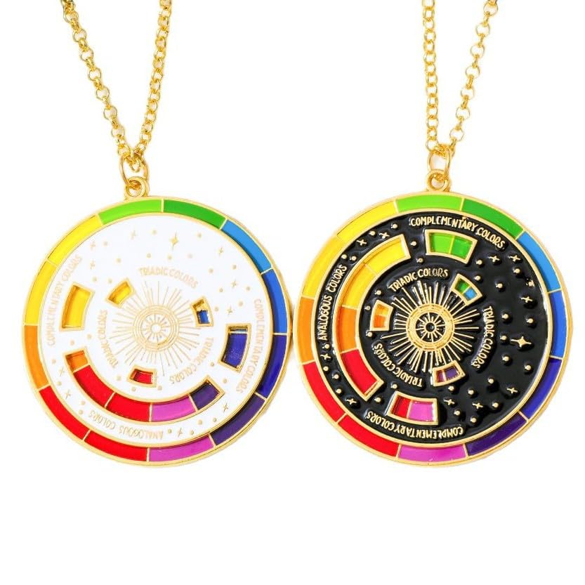 2 Pcs Rotatable Color Wheel Necklace, 2.24″ Rotating Color Wheel Round Pendant for Colors Matching Difficulty Artist Designer Painter