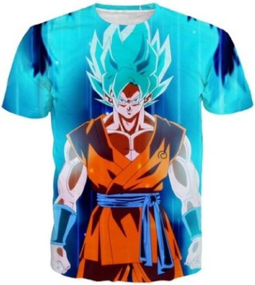 Men's Fashion 3D Print Dragon Ball Casual T-Shirts (Large, Blue)