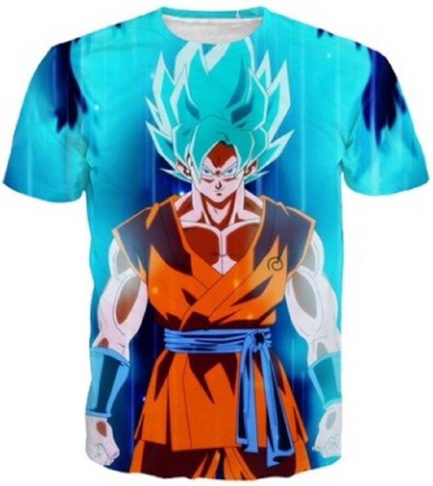 Men's Fashion 3D Print Dragon Ball Casual T-Shirts (Large, Blue)