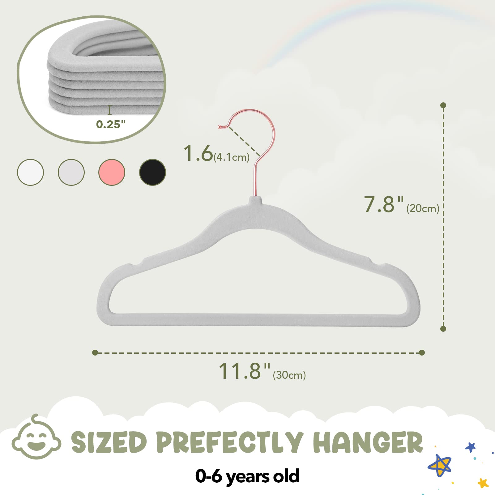 House Day Perchas de Terciopelo para bebé, Percha para Armario, Percha de Terciopelo para niños, 60 Unidades, Antideslizante, 30 cm, duraderas, para recién Nacidos, Ropa de bebé, Color Gris