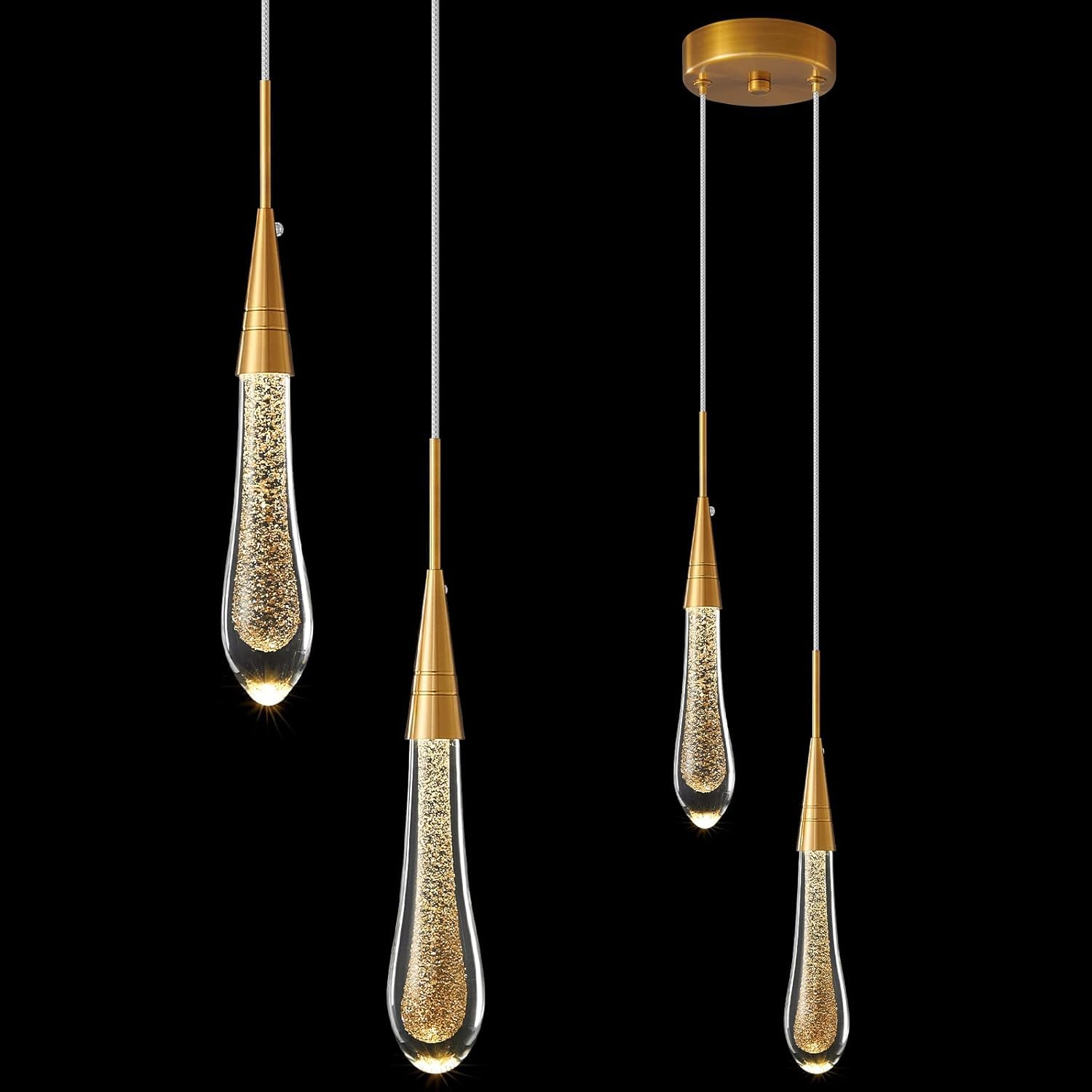 SANBDDLYY Pendant Lights Kitchen Light Fixtures Dimmable LED Gold Mini Teardrop Crystal Lighting for Island Bedroom Hallway Entryway (2-Light)(2-Light)