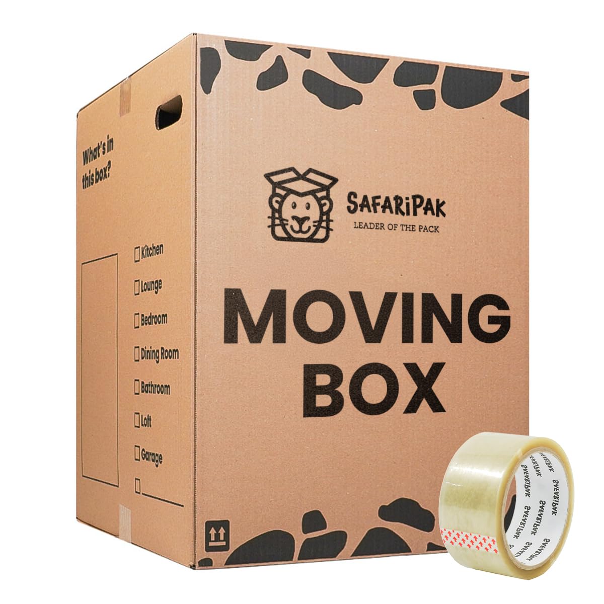 SAFARIPAK - 10 Pack Strong Tall Extra Large 60cm x 44.5cm x 44cm Cardboard Storage Packing Moving House Boxes with Carry Handles & Room List Checkboxes - 115 Litres Capacity - Inc 66m Roll of Tape
