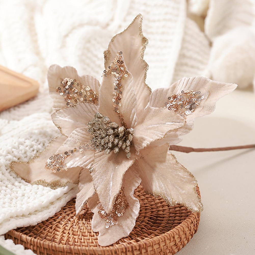 vctops Lot de 6 poinsettia artificielles à paillettes brillantes pour sapin de Noël, couronne d'ornement, Nouvel An, fête de mariage, vacances, décoration à faire soi-même, champagne