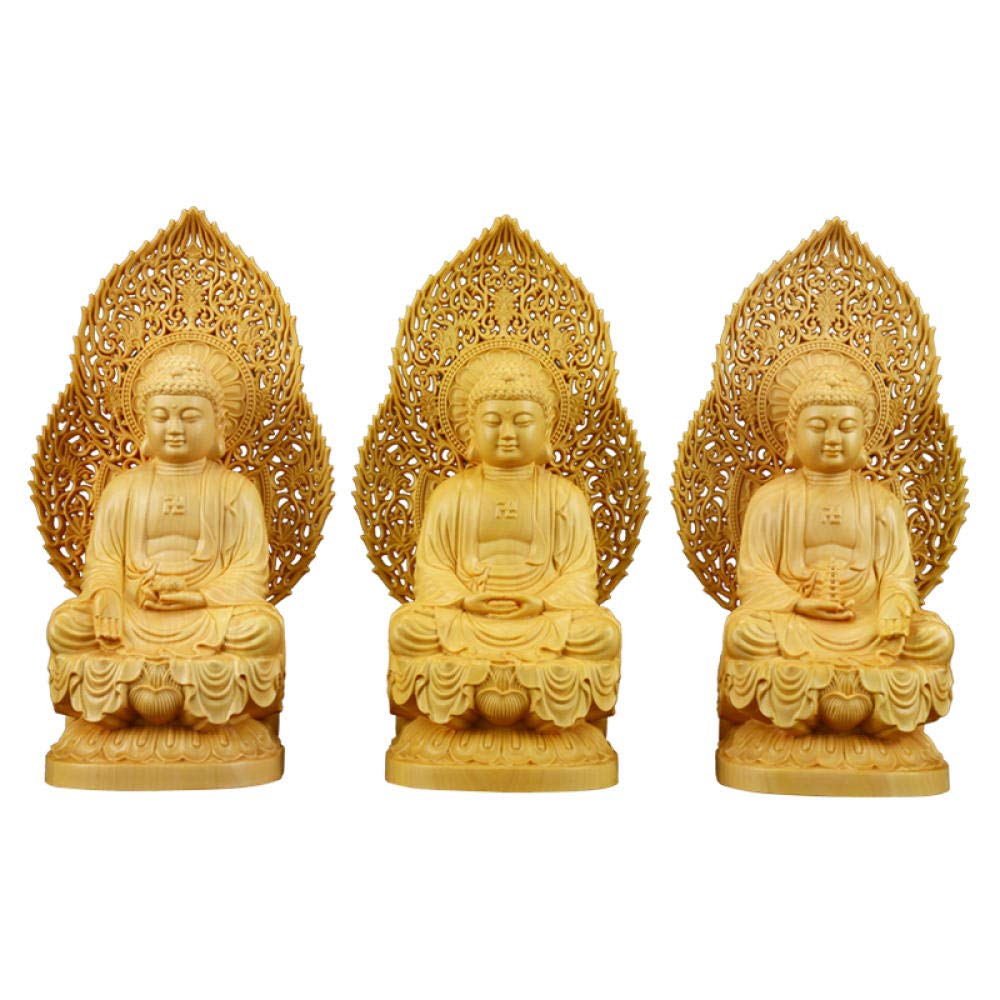 Statue Shakyamuni en bois fait main, un coffret de 3 sculptures d'art à offrir pour la maison