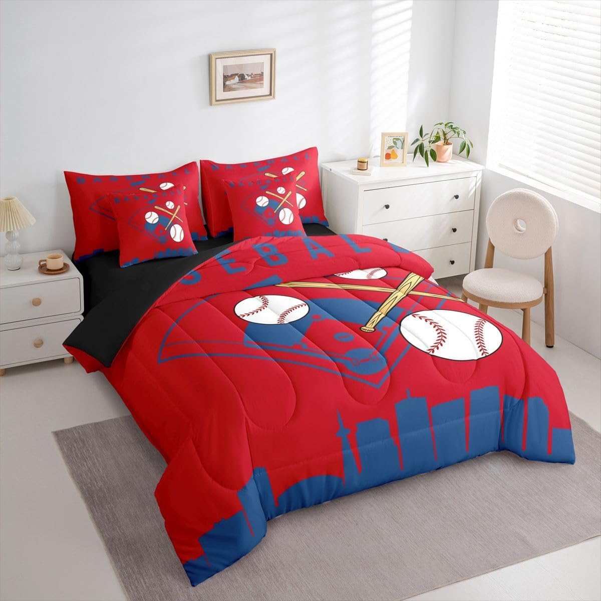 Erosebridal Kids Baseball 7 Piece Bedding Set Softball City Queen Comforter Set for Boys Teens Youth Baseball Bat Sheet Sets Sports Games Bed in A Bag with Flat Sheet