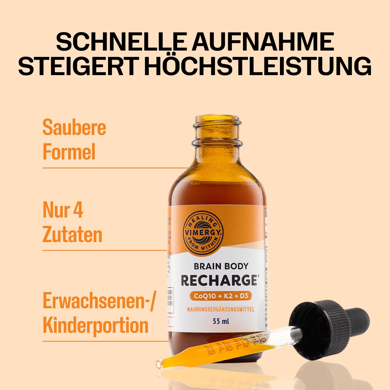 Vimergy Brain Body Recharge* – mit Vitamin D3, K2 & CoQ10 – Stärkt Muskeln und Knochen – Schützt vor freien Radikalen – Vegan und glutenfrei – 55 ml