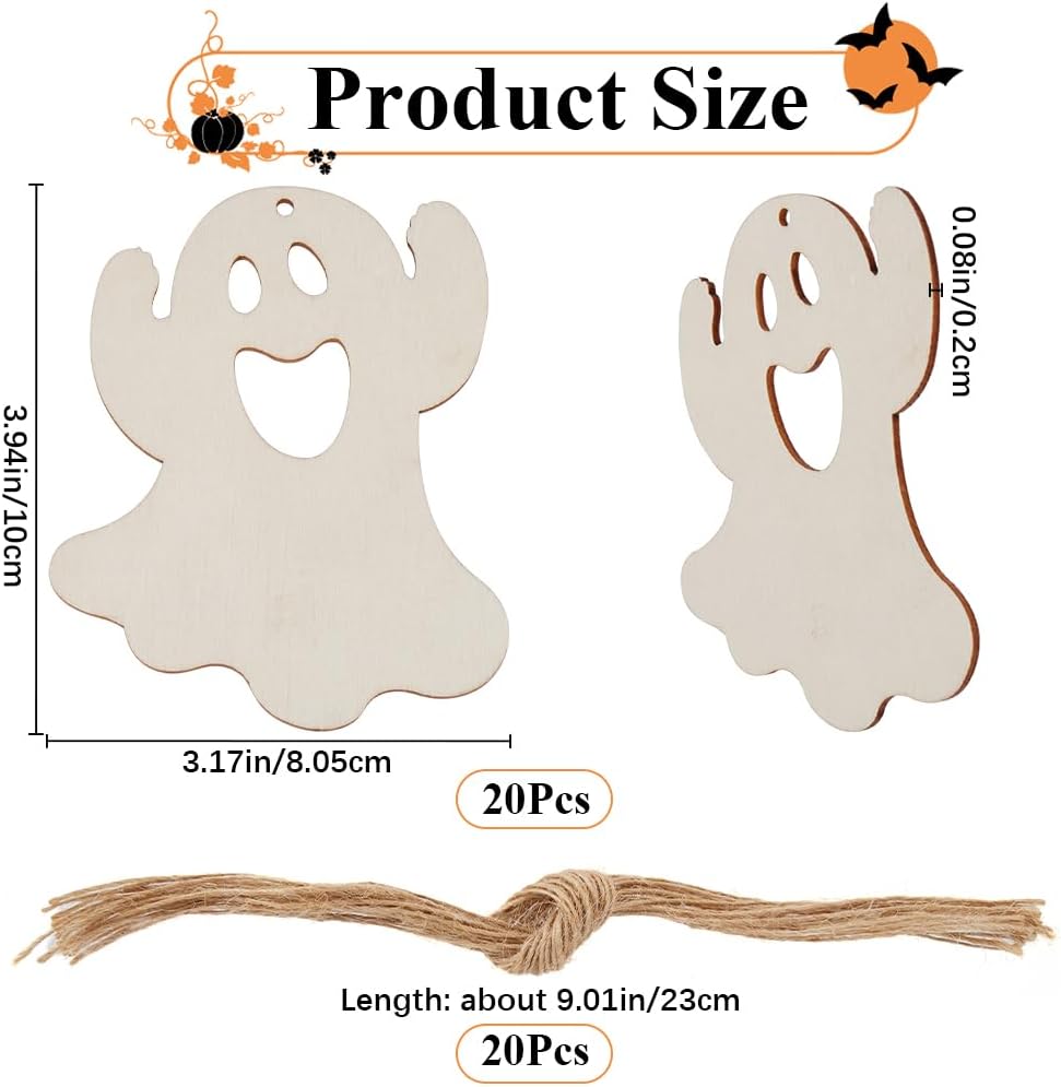 GORGECRAFT 20Pcs Ghost Wooden Blank Unfinished Halloween Wood Tags Crafts Art Ornaments Embellishments Hollow Ghosts Slices with Twines for Crafting Halloween Holiday Party Supplies Favors DIY Decor