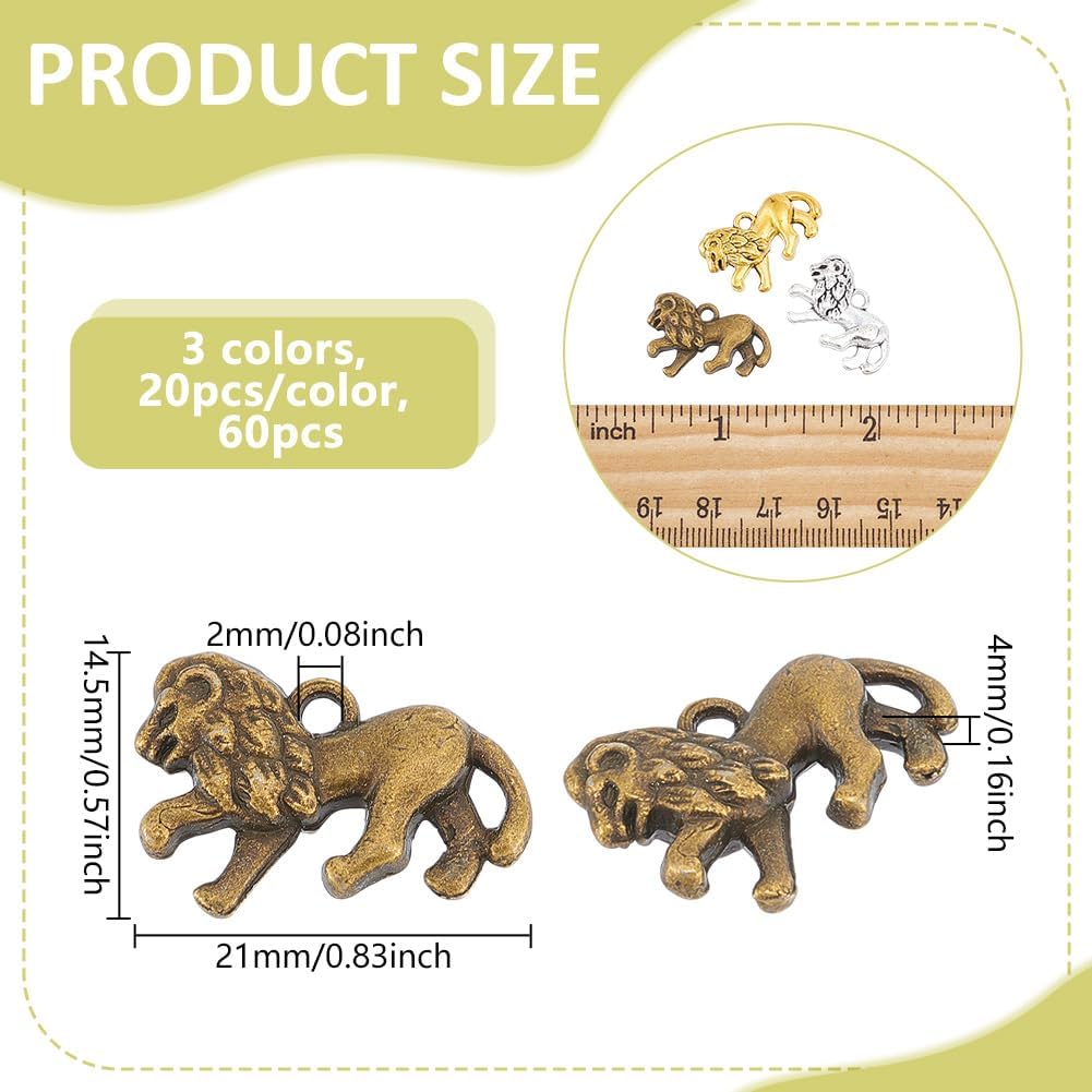 AHANDMAKER 3 Colors Lion Animal Charms Pendants 60Pcs Tibetan Style Lion Charms Western Cowboy Cowgirl Charm for Jewelry Bracelet Necklace DIY Craft Making, 1.5x2cm - Image 2