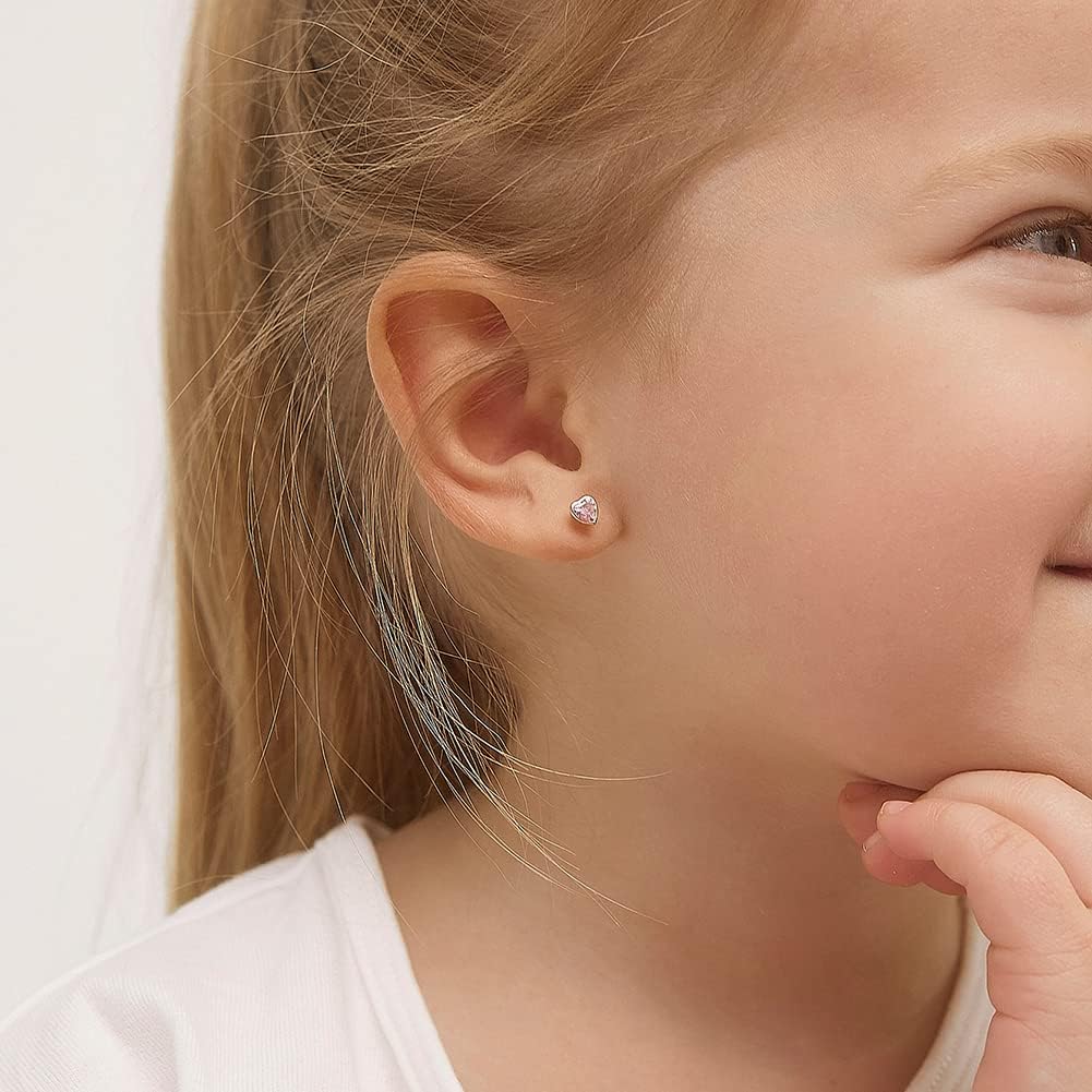 In Season Jewelry Bezel Heart Kids Earrings - 14k Yellow Gold Earrings for Girls with Secure Screw Backs - Safe & Comfortable for Kids & Little Girls