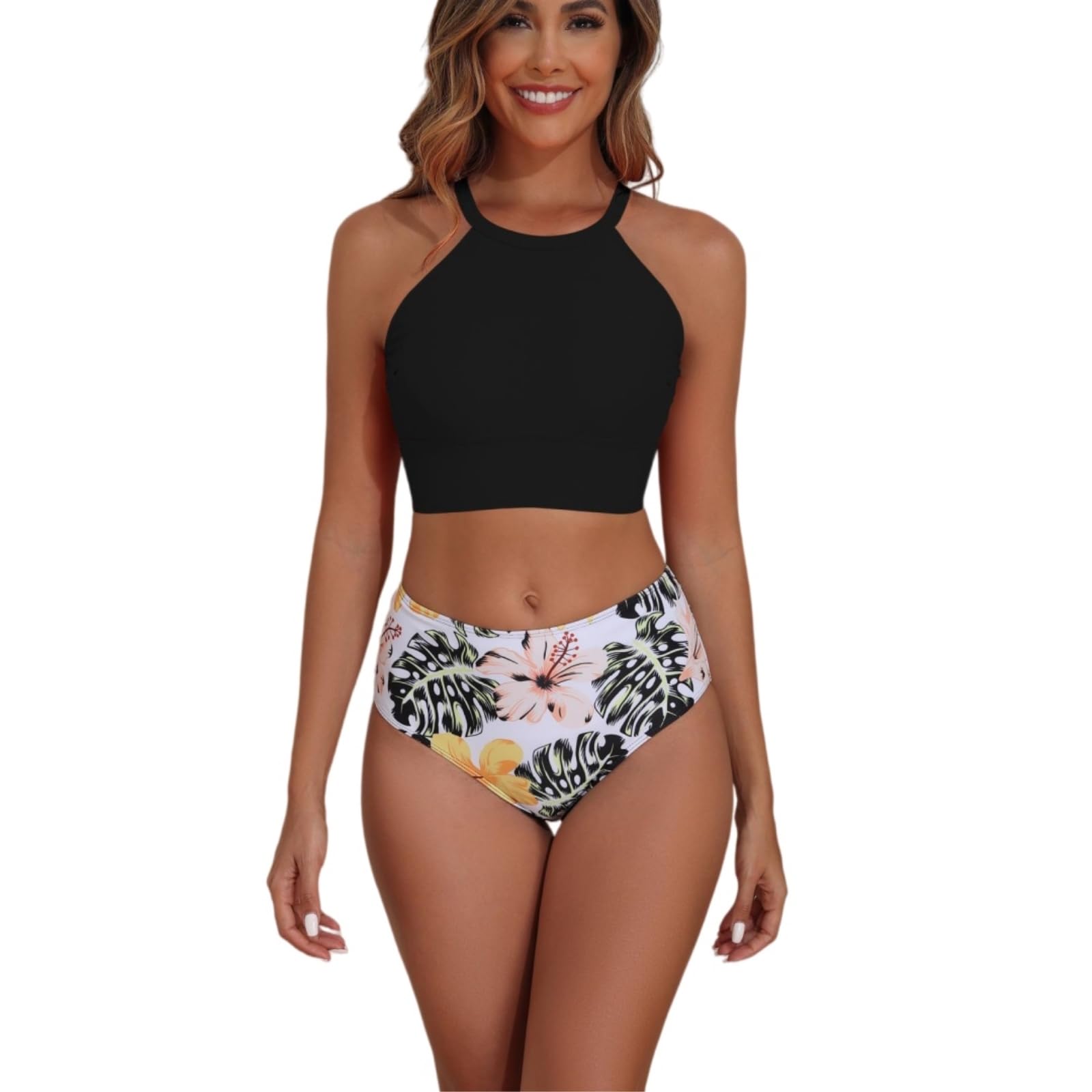 Bikini Donna Rosa Fiore Alta Vita Set Halter Collo Costume da Bagno Beachwear-l 65-70kg Around-Black