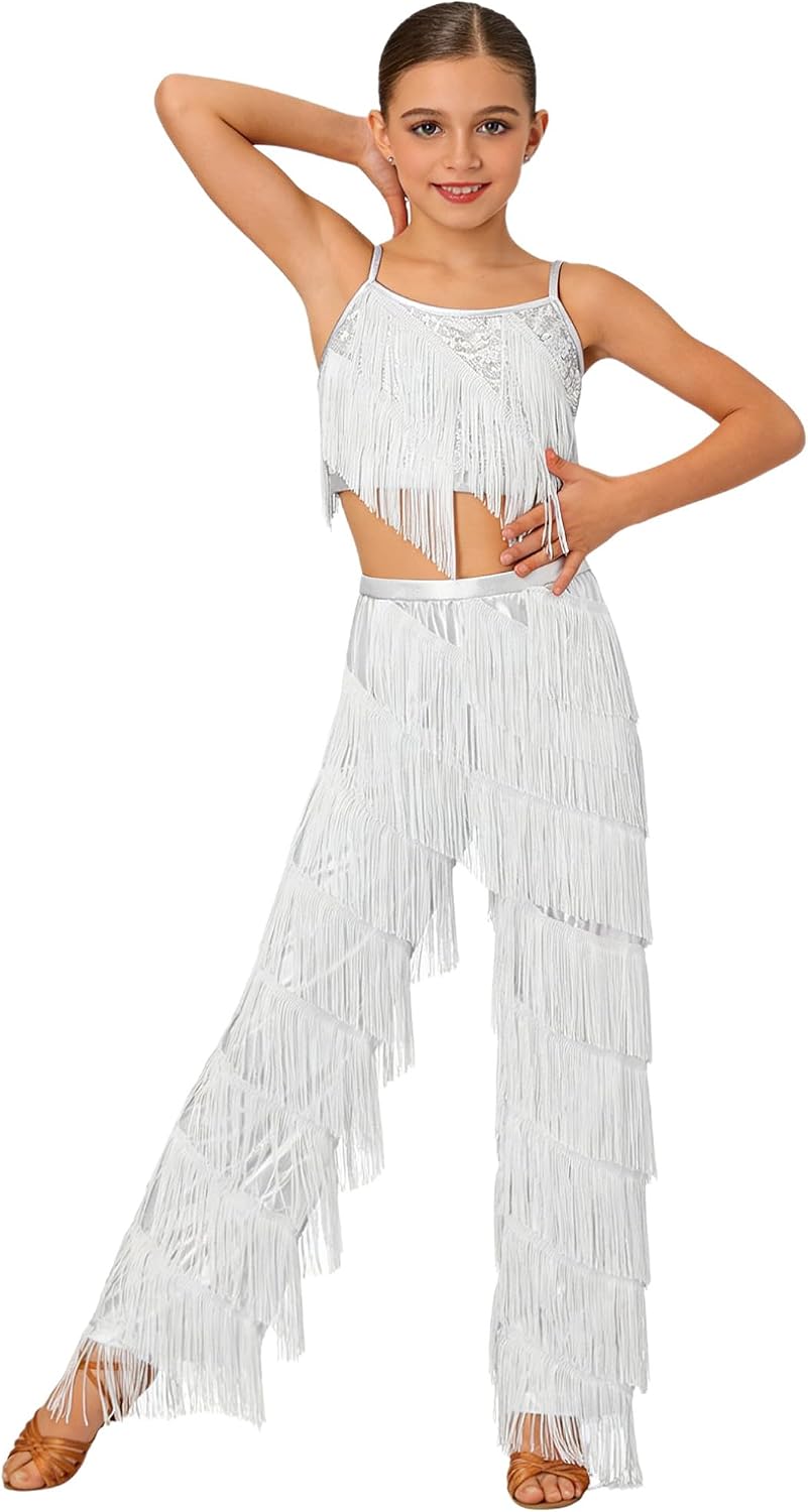 FEESHOW Girls Fringe Latin Dance Outfits Adjustable Spaghetti Straps Camisole Top with Tassels Pants Salsa Balllroom Set
