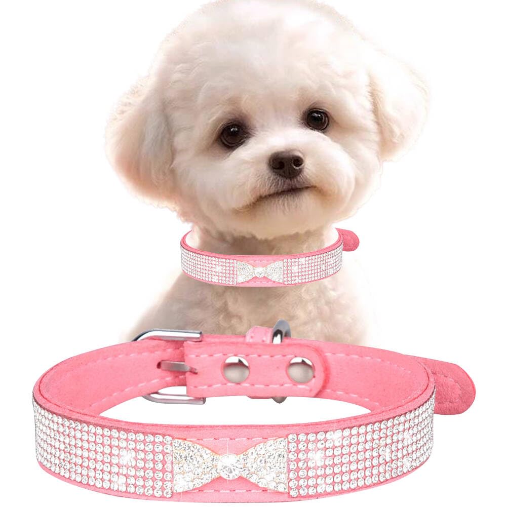Pink XXS Dog Collar with Rhinestone, Pretty Bow Crystal Bling Kitten Collars Glitter Jeweled Sparkly Diamond Girl Puppy Collar for XXS Xs Small Medium Pet Female Dogs Female Cats, XXSmall