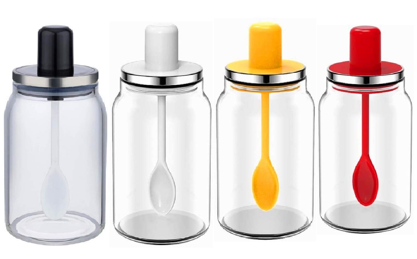 Botella de especias Tarro de especias Tarro de azúcar Recipiente de sal Recipiente de condimento Recipiente de condimento 220ml * 4 (4 colores: blanco, amarillo, rojo y negro)