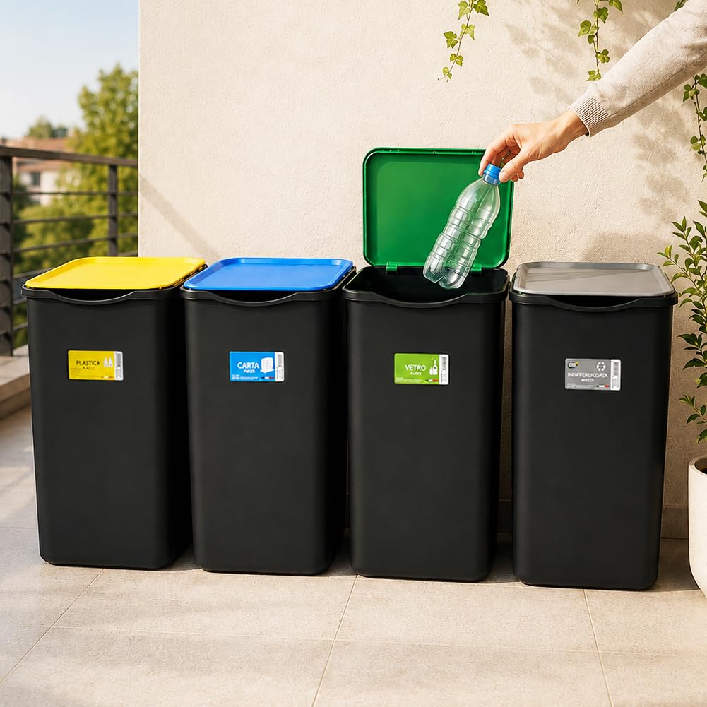 BAKAJI Set 4 Pattumiere per Raccolta Differenziata, Bidoni Spazzatura da 50 Litri con Coperchio Colorato Verde, Blu e Giallo, Contenitori Immondizia da Esterno e Interno, 37.5 x 36 x 62 cm
