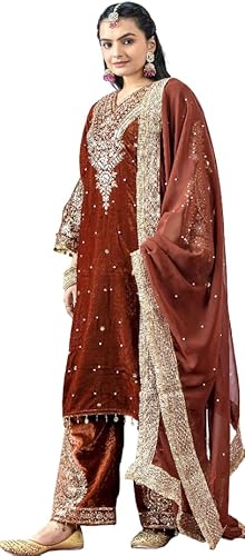 Fashion Gizz Bollywood Velvet Salwar Suit, Embroidered Readymade Dress with Dupatta, Traditional Indian Outfit Palazzo Set (Orange, 44)