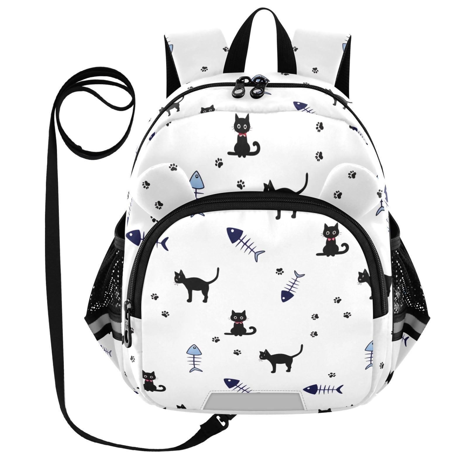 Black Cat Fishbone White Toddler Harness Backpack for Boys Girls 3-6 Years Kids Backpack with Anti Lost Safety Leash Child Leash Backpack for Preschool Walking Travel