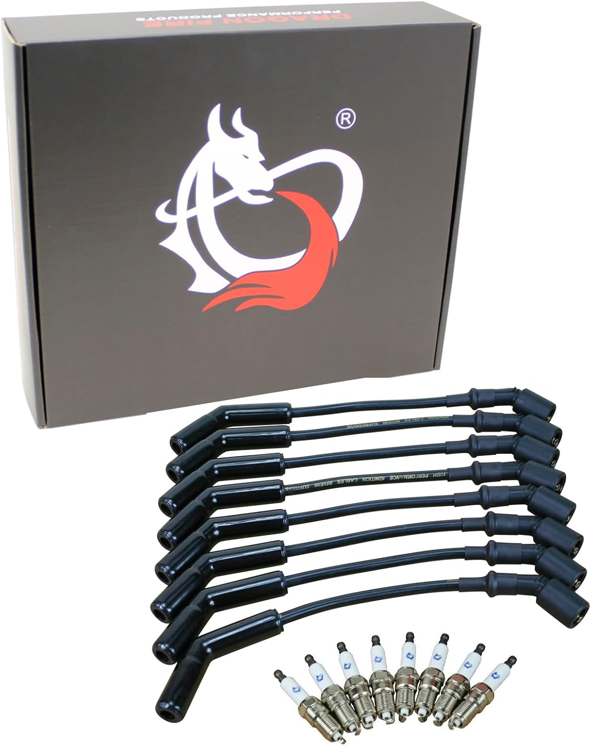 AIP Electronics Dragon FIRE Performance Power Pack Complete with Spark Plugs & 12" Ceramic Spark Plug Wires Compatible with 2014-2021 Cadillac Chevy & GMC 5.3L 6.2L 6.6L V8 OEM Fit Kit-1442