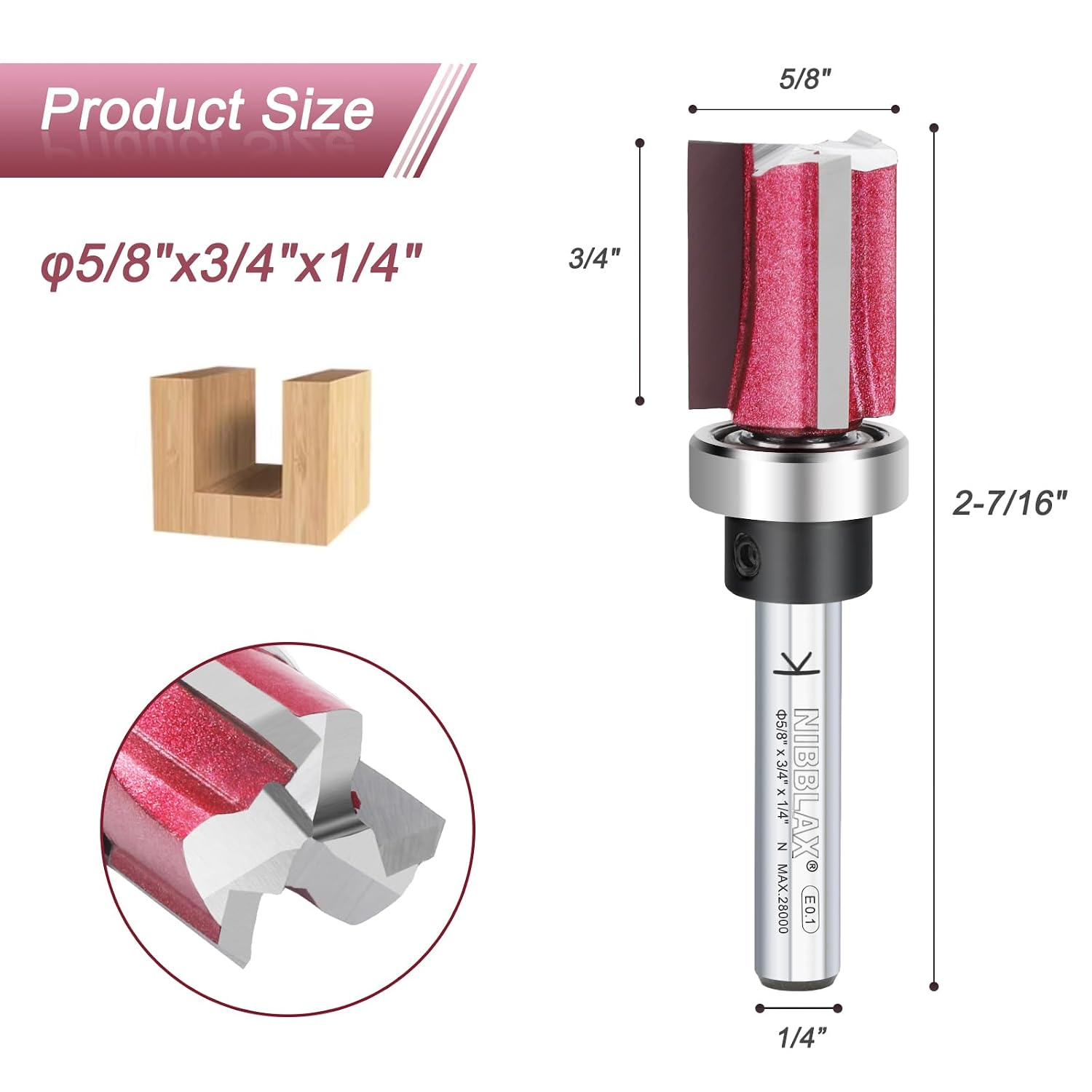 3-Flute Top Bearing Flush Trim Bit 1/4" Shank 5/8" Dia 3/4" Cut Length | Router Cutter for Woodworking, Flush Trim Cut Router Bit with Top Bearing
