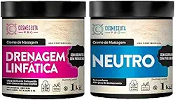 Creme de Massagem Profissional COSMECEUTA Drenagem Linfática + Neutro 1Kg - Alto desempenho, com grande ação deslizante, rendem em média 15 massagens corporais completas