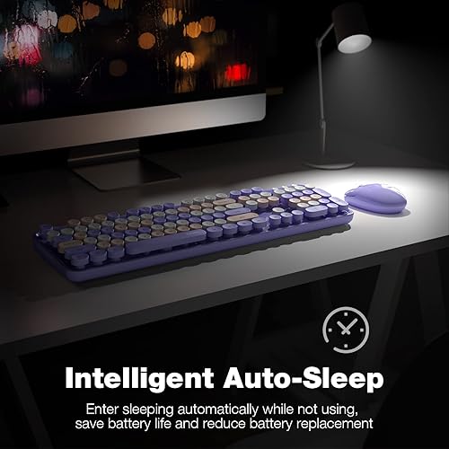 Miniatura 4 de MOFII Combo de teclado y mouse inalámbricos, color morado, colorido, teclado, de tamaño completo, teclas redondas, ratones de teclado USB 2.4G con