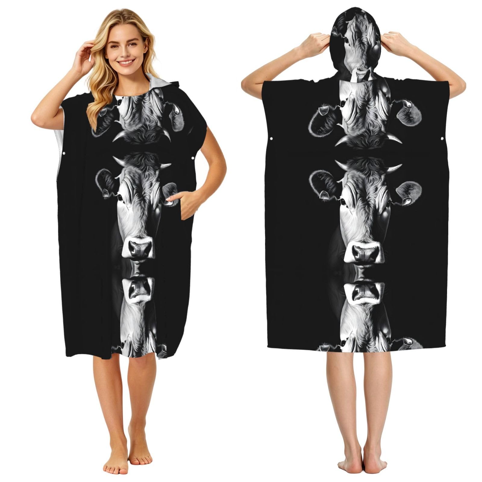Peignoir à capuche imprimé vache pour adultes | Cape de bain microfibre légère