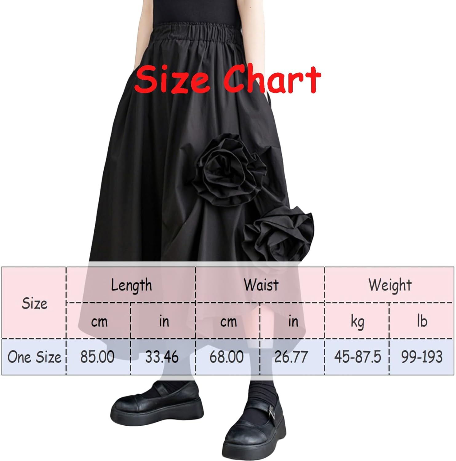 Black Midi Long Skirt for Women Elastic Waist 3D Floral Pleated Asymmetrical Hem Casual Skirt with Pockets