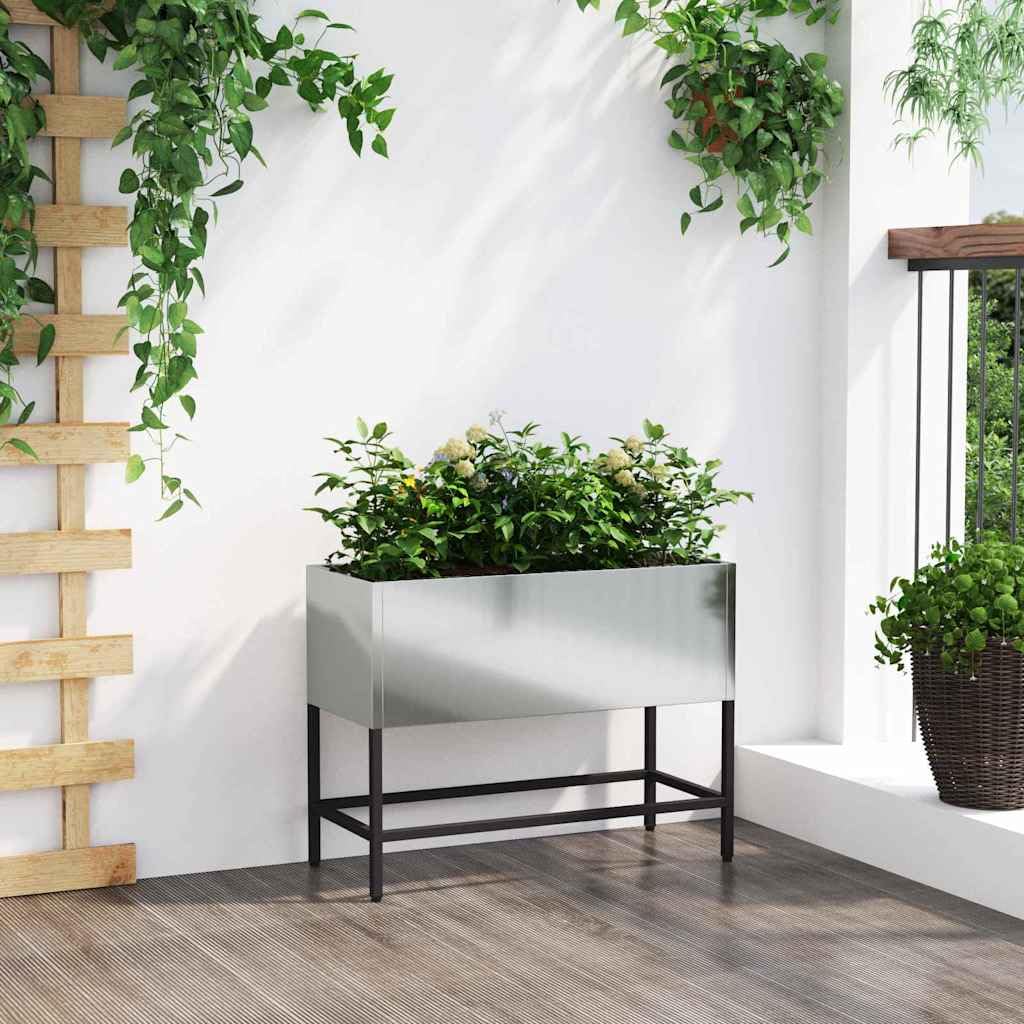 Podwyzszona doniczka ogrodowa metalowa 60x26x45 cm srebrna prostokatna donica na kwiaty na taras balkon odporna na UV stal galwanizowana nowoczesny styl latwy montaz