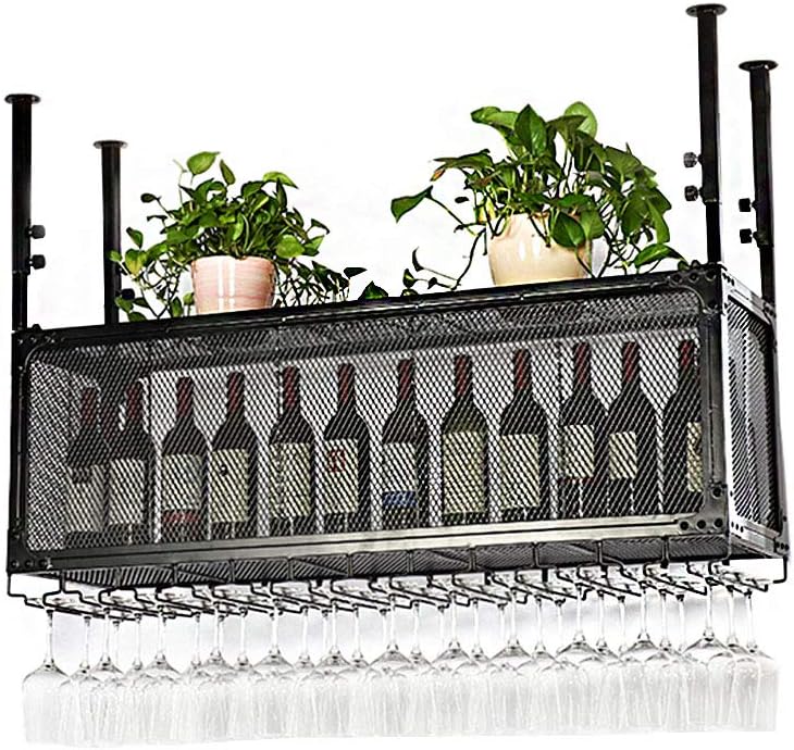 LAXF-Shelf Wall Wine Rack Vintage Storage Rack Goblet Rack | Metal Wall-Mounted Wine Bottle Rack Ceiling Wine Rack | Hanging Wine Rack | Glass Holder & Wine Cork Storage