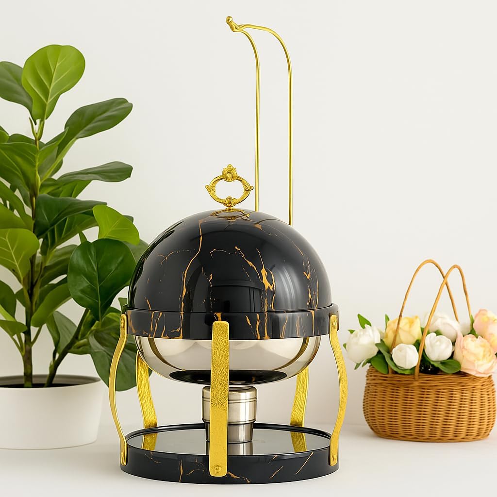 Premium Luxury 8QT Black Stainless Steel Round Chafing Dish Elegant Buffet Warmer with High-End Look & Feel for Upscale Catering, Weddings, Events, and Hospitality Service